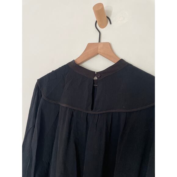 Amour Vert Black Silk Bibbed Peasant Top Small Balloon Long Sleeve Cottagecore - Picture 8 of 8